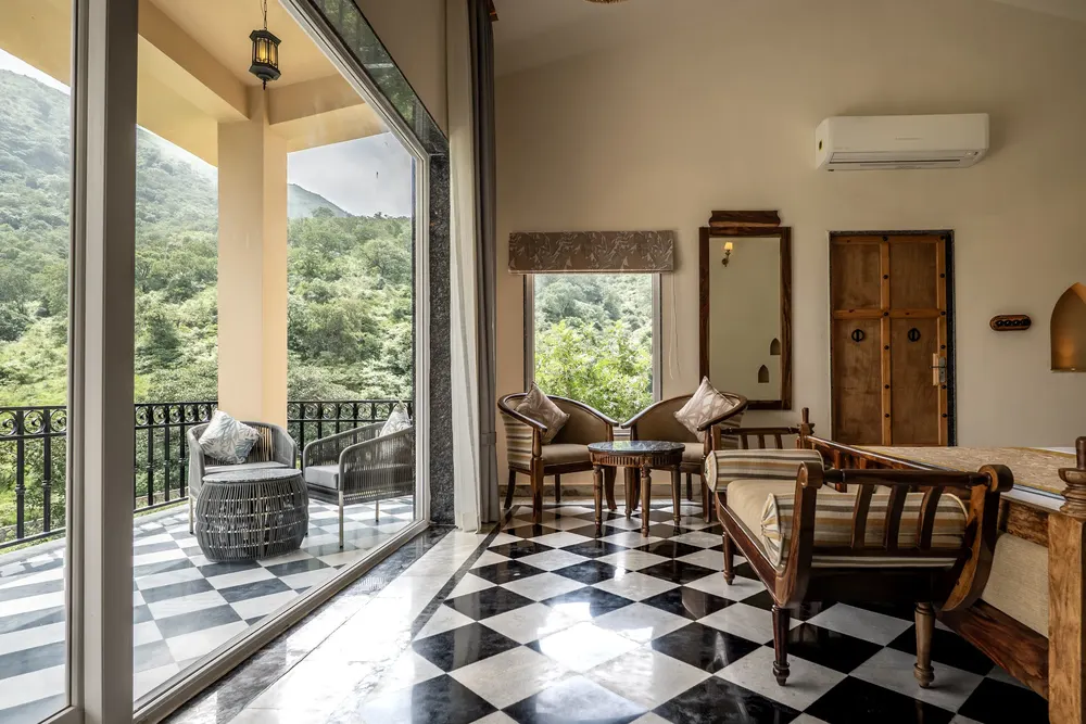 The room, opening to the balcony